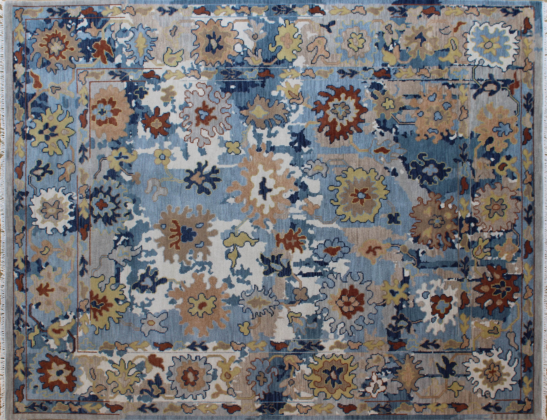 Oushak Multi-Blue Patterned Rug 8ft x 10ft - Hand knotted Carpet Manufacturer Mirzapur